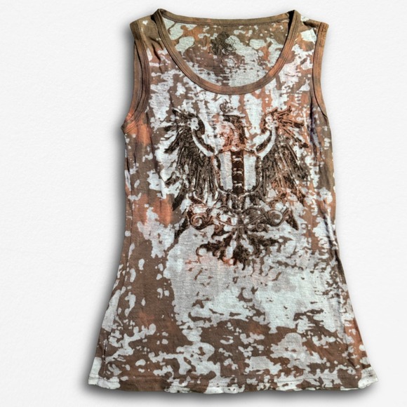Tops - Vintage Style Eagle Crest Graphic Tank Top Brown Acid Wash Y2K Grunge Size L